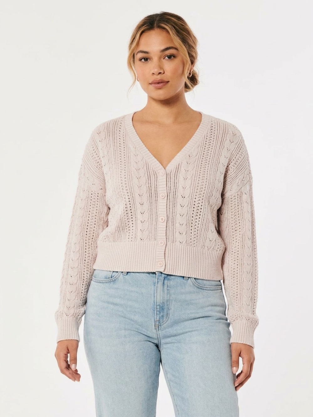 Hollister Cable Knit Button Front Cardigan Sweater Sz XL Cream Blush Open Knit